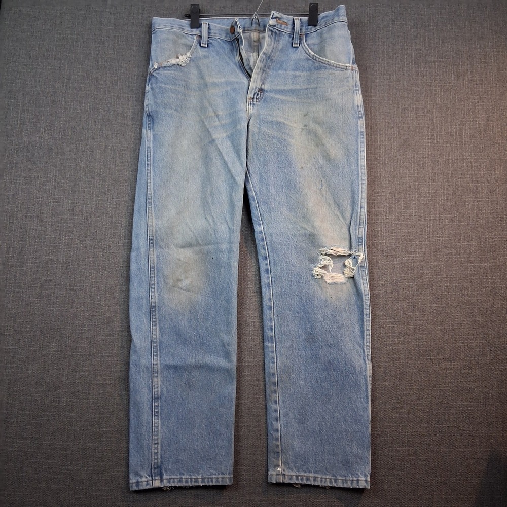 Vintage Rustler Mens Light Wash Distressed Straight Leg Denim Jeans 35x26.5